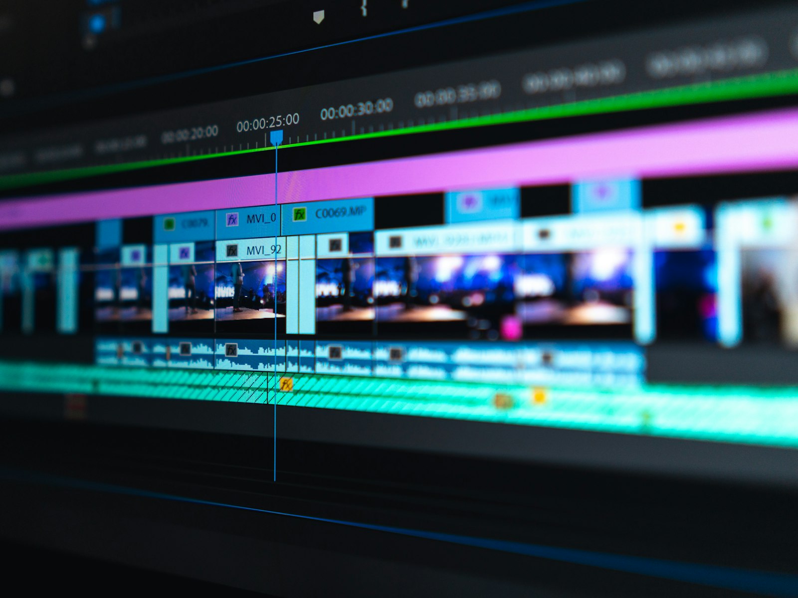 A close-up of a video editing timeline