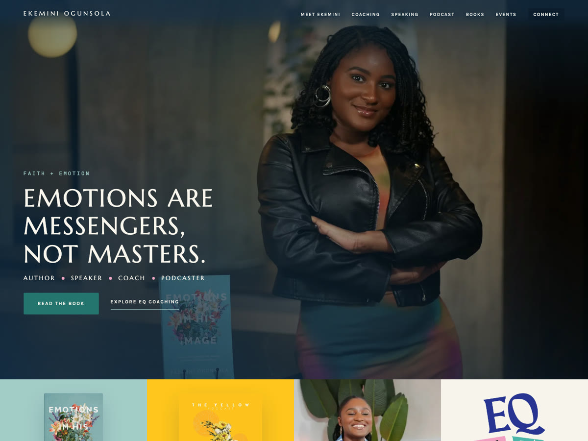The Ekemini Ogunsola homepage: “Emotions are messengers, not masters” beside her portrait