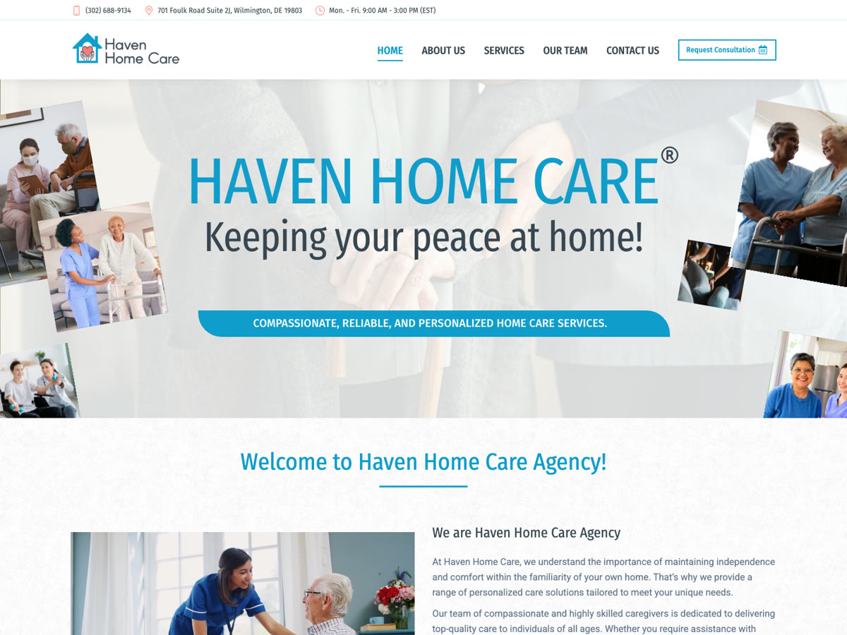 The Haven Home Care homepage: “Keeping your peace at home!” with photos of caregivers