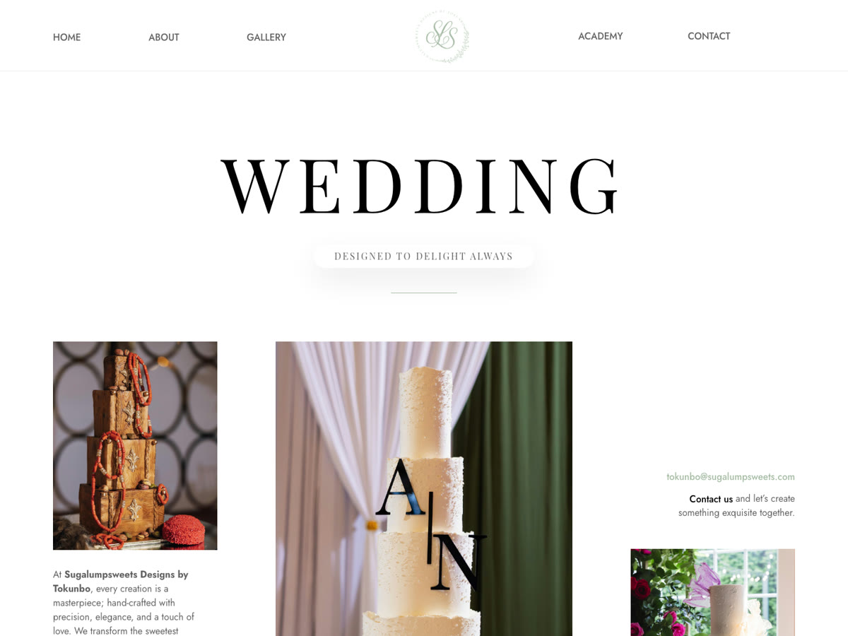 The Sugalumpsweets homepage: “Wedding, designed to delight always” above photos of cakes